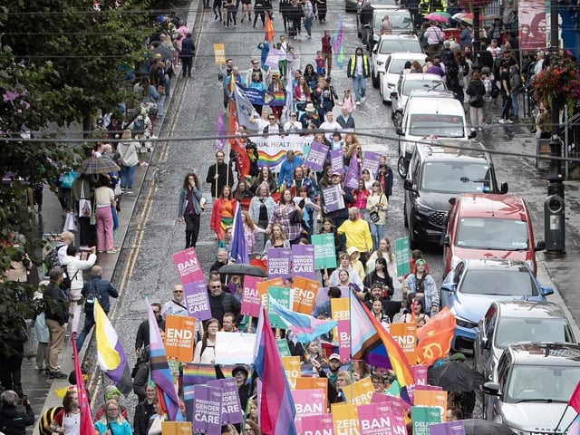 The Foyle Pride Parade making its way down Shipquay Street on Saturday. (Photos: Jim McCafferty Photography)