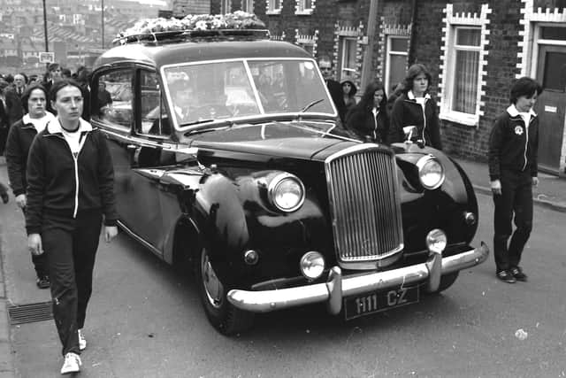 Susan Morgan's funeral cortege at the Long Tower in 1981.