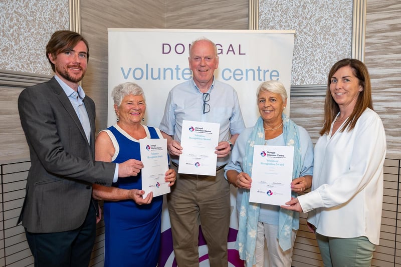 Shane McBride, ,  Donegal Volunteer Center,  Marion McDonald, Don McGinley, Patrica Faulkner, Musical Memories Greencastle and Margaret Larkin, Community Development Manager, DLDC  at the Annual Donegal Volunteer Awards in the Radisson Hotel Letterkenny on Thursday last.  Photo Clive Wasson.