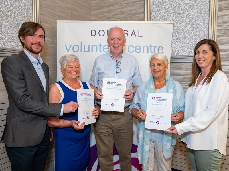 Shane McBride, , Donegal Volunteer Center, Marion McDonald, Don McGinley, Patrica Faulkner, Musical Memories Greencastle and Margaret Larkin, Community Development Manager, DLDC at the Annual Donegal Volunteer Awards in the Radisson Hotel Letterkenny on Thursday last. Photo Clive Wasson.