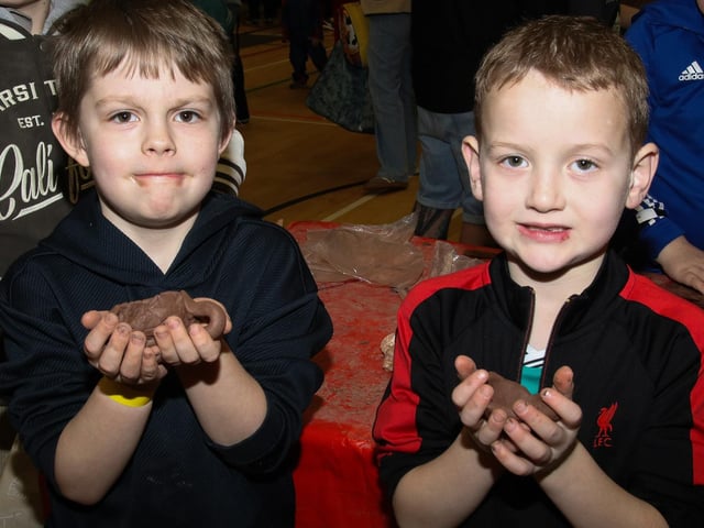 Noel McCormick and Harry Hepburn making clay pots at The Foyle Science Showcase held in The Foyle Arena. (Photo - Deirdre Heaney, nwpresspics) : Foyle Arena Science Showcase.
