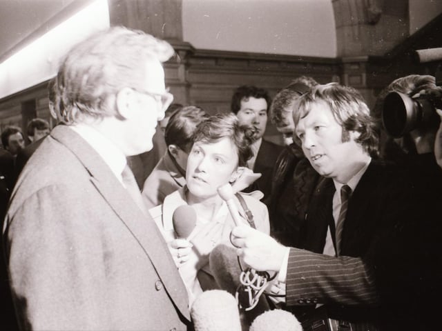 Politician Tom King speaking to the media at the Guildhall.