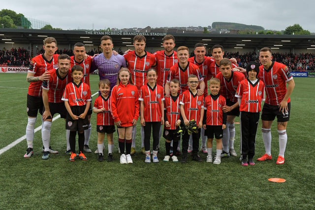 Mascots pictured with the Derry City starting eleven for the game against UCD on Friday evening last. Photo: George Sweeney.  DER2320GS – 137