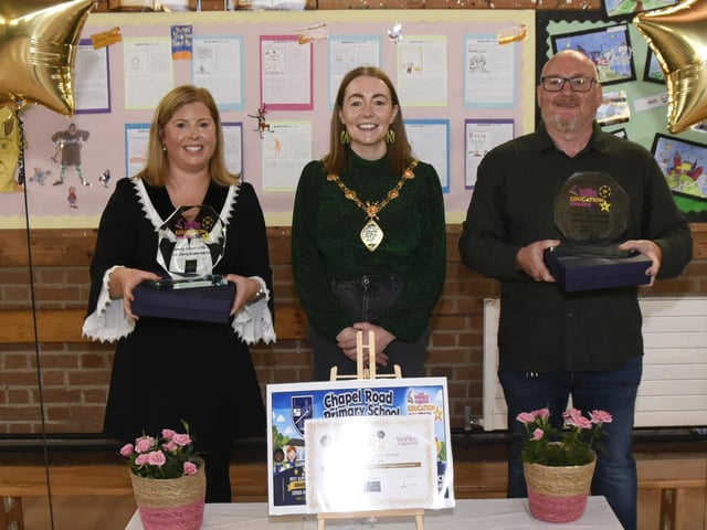 Mayor Grace Uí Niallais celebrates with Chapel Road Primary School on winning Primary School of the Year- County Derry and School Support Staff Member of the Year award at the Local Women Magazine Education Awards, included in the photo is Principal Ciara Barrett and Derek McCallion, award recipient.