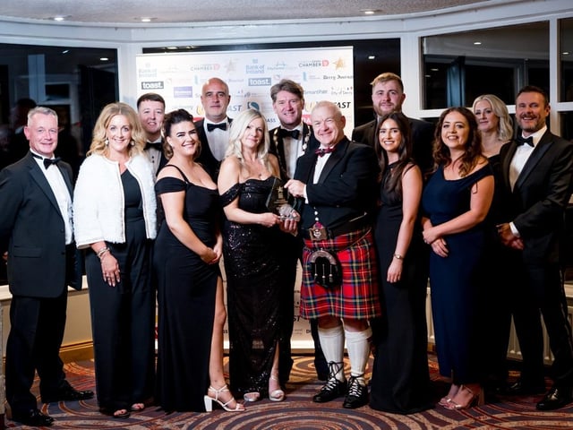 Winners of the Educational Collaborator Award, pictured with Hugh Hegarty, Chair of City Centre Initiative; Andrew Fleming, President of Londonderry Chamber of Commerce; and Colin Gracey of Loganair who sponsored the award.