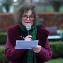 Sue Pentel, Jews for Palestine Ireland, speaking at the Holocaust Memorial Day vigil for Gaza, held in the Peace Garden, on Saturday afternoon. Photo: George Sweeney
