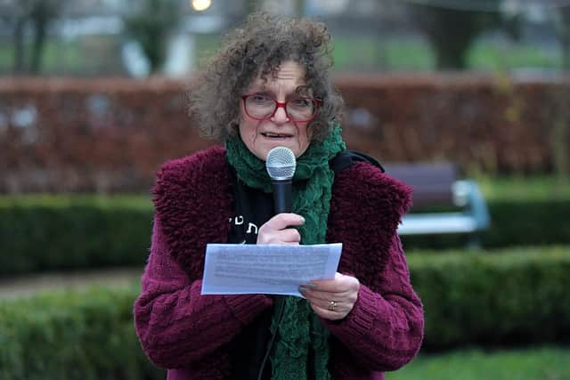 Sue Pentel, Jews for Palestine Ireland, speaking at the Holocaust Memorial Day vigil for Gaza, held in the Peace Garden, on Saturday afternoon. Photo: George Sweeney