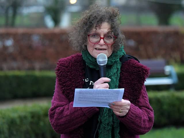 Sue Pentel, Jews for Palestine Ireland, speaking at the Holocaust Memorial Day vigil for Gaza, held in the Peace Garden, on Saturday afternoon. Photo: George Sweeney