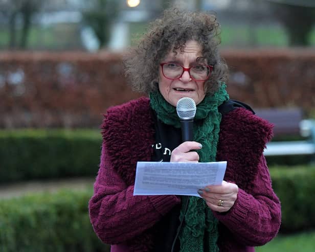 Sue Pentel, Jews for Palestine Ireland, speaking at the Holocaust Memorial Day vigil for Gaza, held in the Peace Garden, on Saturday afternoon. Photo: George Sweeney