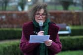Sue Pentel, Jews for Palestine Ireland, speaking at the Holocaust Memorial Day vigil for Gaza, held in the Peace Garden, on Saturday afternoon. Photo: George Sweeney