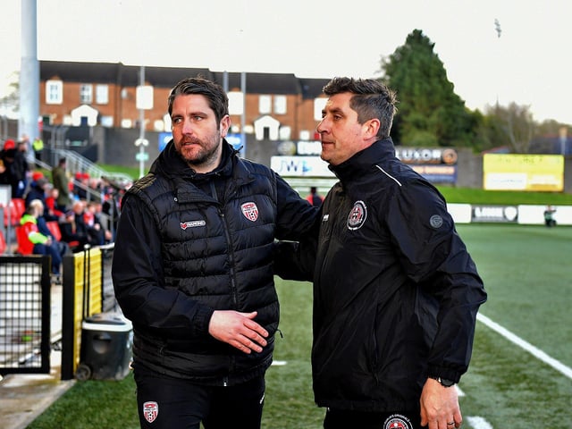 Derry City manager Ruaidhri Higgins greets Bohemian manager Declan Devine at the Brandywell on Monday evening. Photo: George Sweeney. DER2315GS – 99