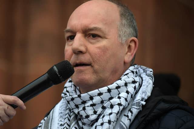 Tony Doherty speaking at the march and rally at Guildhall Square on Saturday afternoon, calling for a ceasefire in Gaza. Photo: George Sweeney