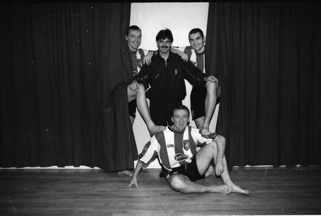 Derry players and manager, Paul Curran, Liam Coyle, Felix Healy and Sean Hargan get ready to go 'The Full Monty' for charity.