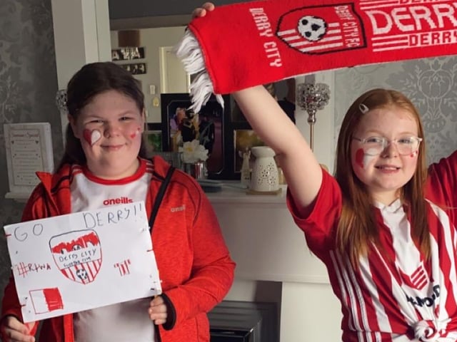 Aya & Freya ready to go and watch the Derry match at the bowling alley
