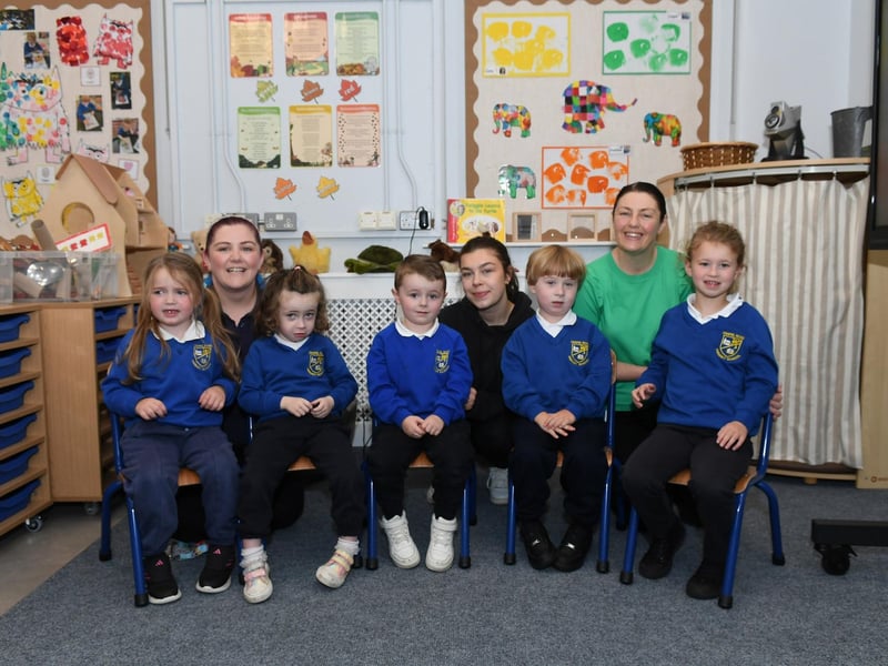 Miss Blee, right, with her Rainbow Room P1 class at Chapel Road Primary School.  Included in the photo are classroom assistants Miss Higgins and Miss Zbrzeska.