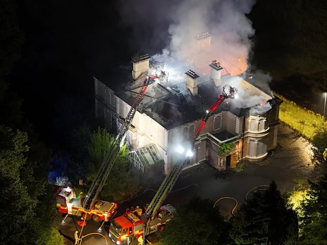 default : Dramatic aerial images of the fire at Duncreggan Road, which is being treated as deliberate. Images: Christopher Tarr.