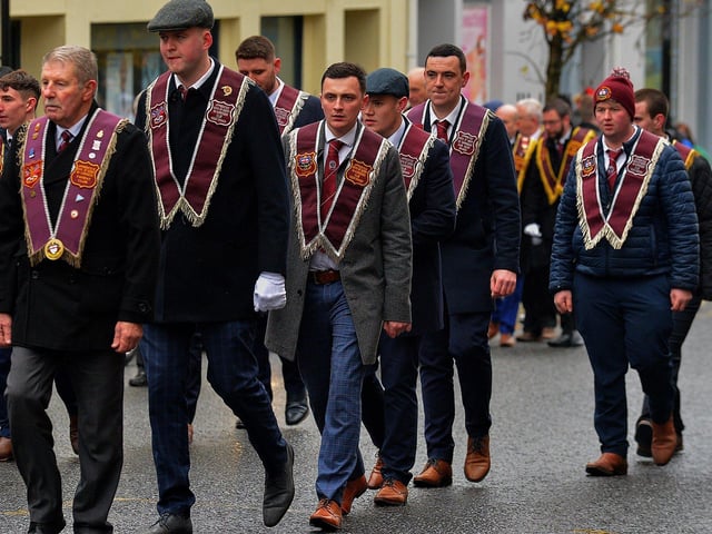 Members of the ABOD No Surrender Club Keady Branch at the Apprentice Boys of Derry’s Shutting of the Gates parade held in the city on Saturday last. Photo: George Sweeney.