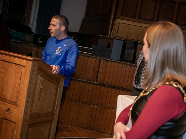 Ryan Horner, St. Columb's College, joint winner of the Recognition Award, addressing the attendance at Thursday night's Sports Awards in the Guildhall, Derry.