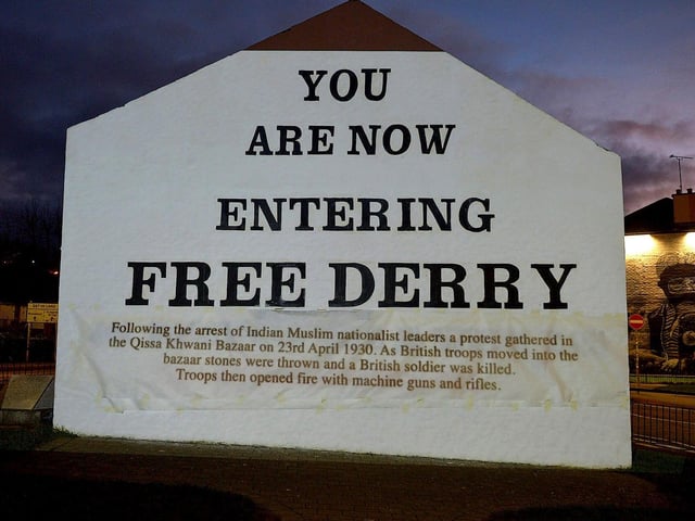 One of the projected images, on Free Derry Corner on Thursday evening, of the British colonial past from the 'The Sun Never Set And The Blood Never Dries' art project created by Art Everywhere. The event was part of Bloody Sunday 51 anniversary. Photo: George Sweeney. DER2305GS 116