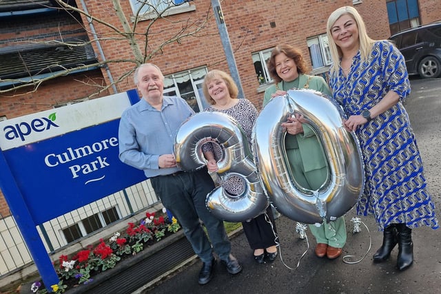 Julie Montgomery (right), Manager of Culmore Park, pictured with Colr. Patricia Logue, Mayor of Derry City & Strabane and tenants Brian and Isobel Moran at Culmore Park's 30th anniversary celebration.