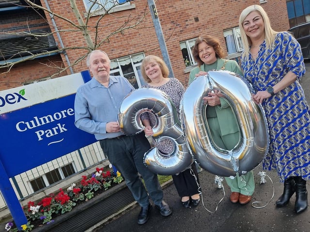 Julie Montgomery (right), Manager of Culmore Park, pictured with Colr. Patricia Logue, Mayor of Derry City & Strabane and tenants Brian and Isobel Moran at Culmore Park's 30th anniversary celebration.