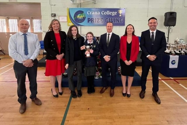 iCare Cup of Friendship Winners - Caitlin Quinn-Murphy and Shannon Grant pictured with Kevin Cooley - Principal, Sinead Anderson - Deputy Principal, Philip McGuinness - Deputy Principal  Clare Bradley - Board of Management and JJ McDermott.