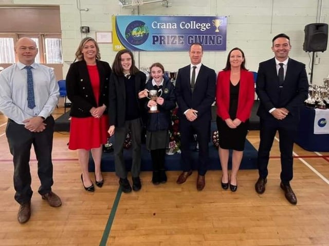 iCare Cup of Friendship Winners - Caitlin Quinn-Murphy and Shannon Grant pictured with Kevin Cooley - Principal, Sinead Anderson - Deputy Principal, Philip McGuinness - Deputy Principal  Clare Bradley - Board of Management and JJ McDermott.