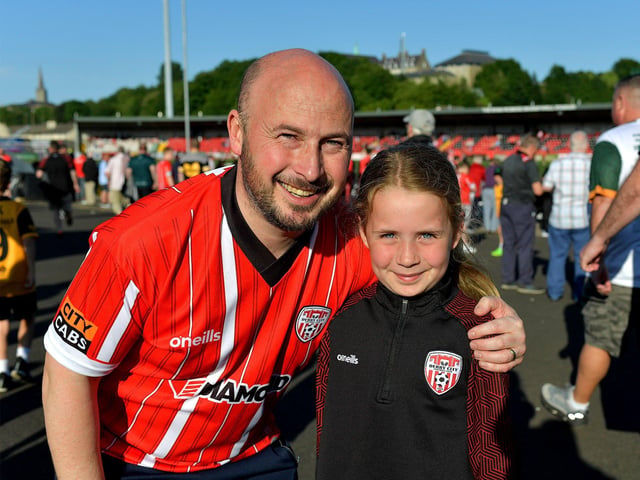 Derry City fans at the game against Shelbourne in the Ryan McBride Brandywell Stadium. Photo: George Sweeney. DER2321GS - 61
