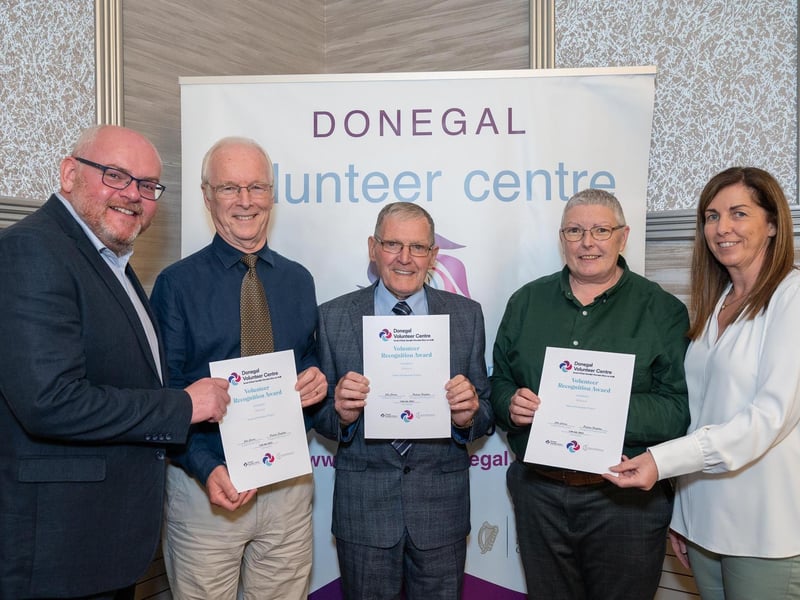 John Curran, Donegal Volunteer Center, David Simpson, George McGuinness, Pat Gill, Greencastle Community Development and Margaret Larkin, Community Development Manager, DLDC at the Annual Donegal Volunteer Awards in the Radisson Hotel Letterkenny on Thursday last. Photo Clive Wasson.