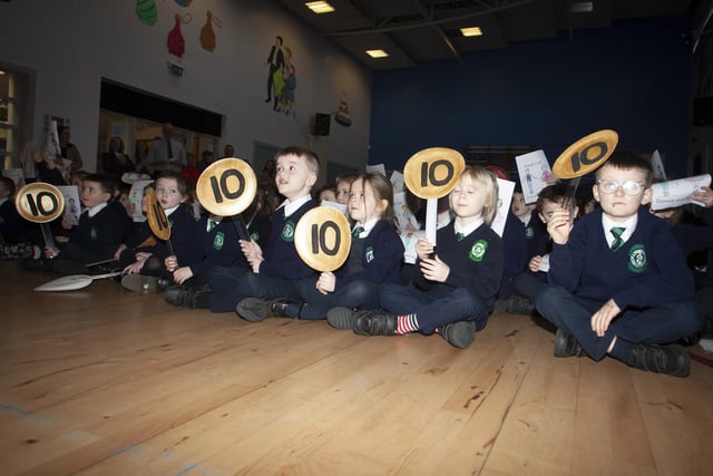 IT’S A TEN!!!!!. . . It’s a 10 from these young pupils at St. Patrick’s PS on Tuesday for Damian and dance partner Kylee.