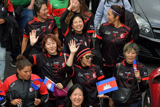 Ladies footballers from Asia taking part in the frs Recruitment GAA World Games opening parade on Monday evening.  Photo: George Sweeney. DER2330GS -