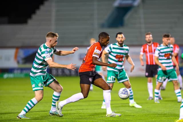 Sadou Diallo on the ball against Derry City rivals Shamrock Rovers.