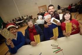 Bingo MC Micky Doherty pictured with Bernie Gallagher, Robin Meenan, Bridie McGlinchey and Molly Lynch.