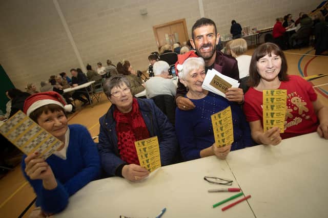 Bingo MC Micky Doherty pictured with Bernie Gallagher, Robin Meenan, Bridie McGlinchey and Molly Lynch.