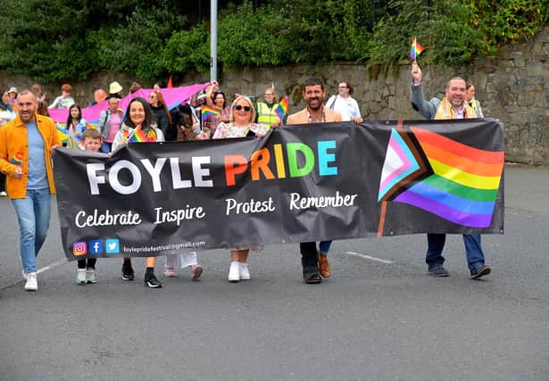 The Foyle Pride Parade makes its way along Duke Street in Derry. Photograph: George Sweeney / Derry Journal. DER2234GS – 028