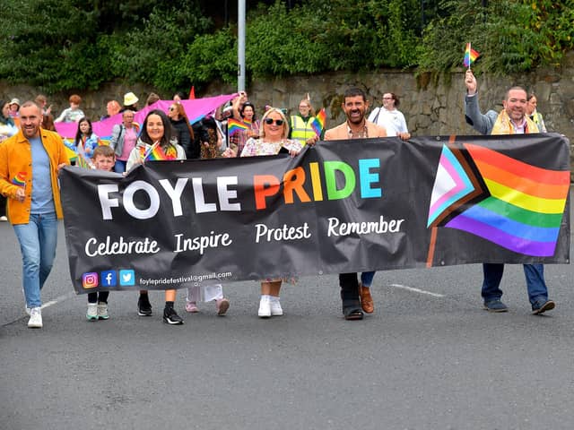 The Foyle Pride Parade makes its way along Duke Street in Derry. Photograph: George Sweeney / Derry Journal. DER2234GS – 028