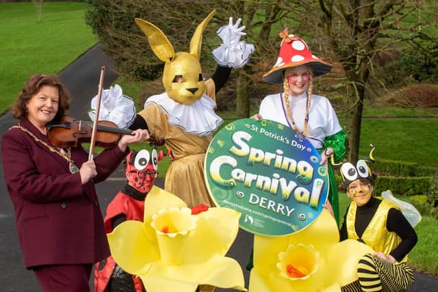 Derry City and Strabane District Council Mayor, Councillor Patricia Logue has officially launched the  annual St.Patrick’s Day Spring Carnival which will once again see the city awash with colour, pictured with some of the characters who will be taking part. Picture Martin McKeown. 