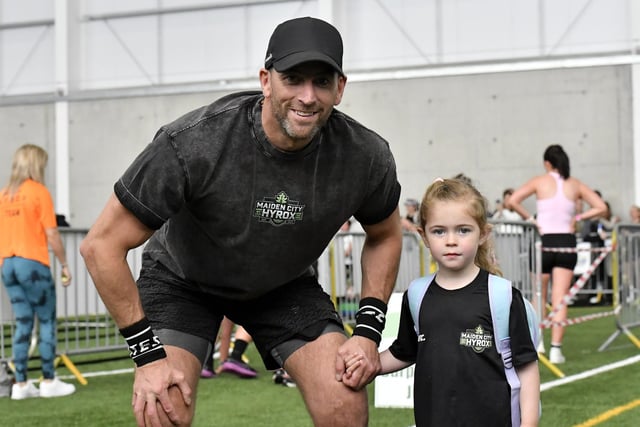 Organiser Vincent Sweeney with his daughter Ria at the Maiden City Hyrox IV held at Sean Dolans GAC.  Photograph: George Sweeney