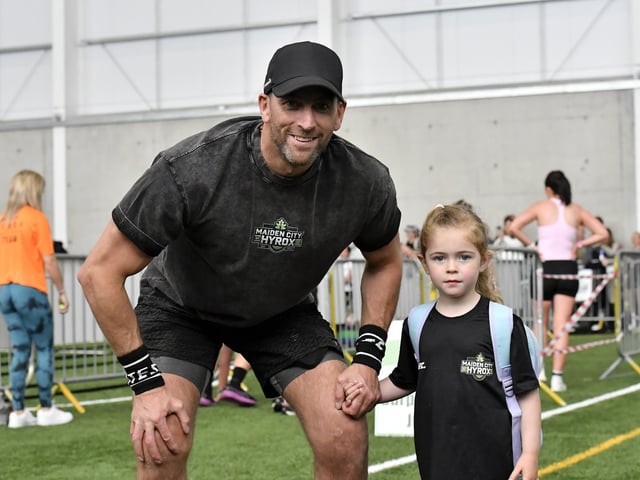 Organiser Vincent Sweeney with his daughter Ria at the Maiden City Hyrox IV held at Sean Dolans GAC. Photograph: George Sweeney