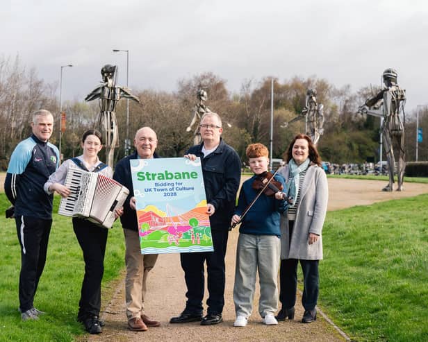 Pictured at the launch of Strabane's bid for UK Town of Culture, 2028, are Jarlath McNulty, Vice-Chair Strabane Local Growth Parternship, Jessica O'Donnell, CRAIC, Kieran Kennedy, Chair, Strabane BID, Brian McGilloway, Writer and Cultural Ambassador, Cormac Peoples, CRAIC, and Deirdre Harte, DC&SDC Project Officer.