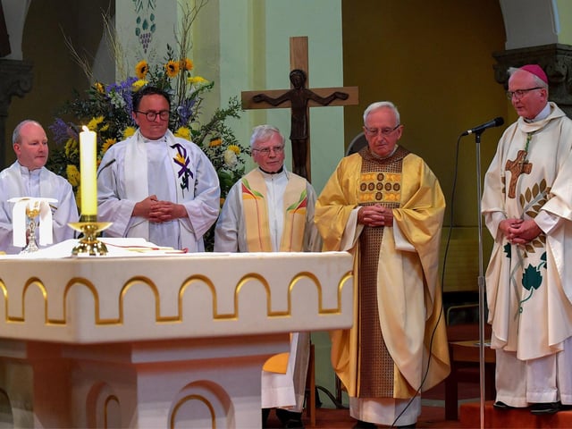 The Bishop of Derry, the Most Reverend Dr Donal McKeown and visiting priest pictured with Fr Con McLaughlin at a Mass to celebrate Fr McLaughlin’s Golden Jubilee in the priesthood, held at the Church of the Sacred Heart, Carndonagh, on Saturday evening. Photo: George Sweeney. DER2323GS – 160