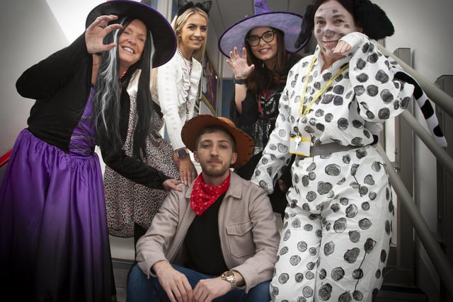 All dressed for Halloween at Steelstown PS this week - From left, Mrs McCourt (Classroom Assistant), Mrs O’Donnell (Teacher), Mrs Kelly (Teacher), Mrs Gilmour (Classroom Assistant) and Mr McGrath (Parent). (Photos: JIm McCafferty Photography)