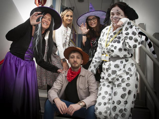 All dressed for Halloween at Steelstown PS this week - From left, Mrs McCourt (Classroom Assistant), Mrs O’Donnell (Teacher), Mrs Kelly (Teacher), Mrs Gilmour (Classroom Assistant) and Mr McGrath (Parent). (Photos: JIm McCafferty Photography)