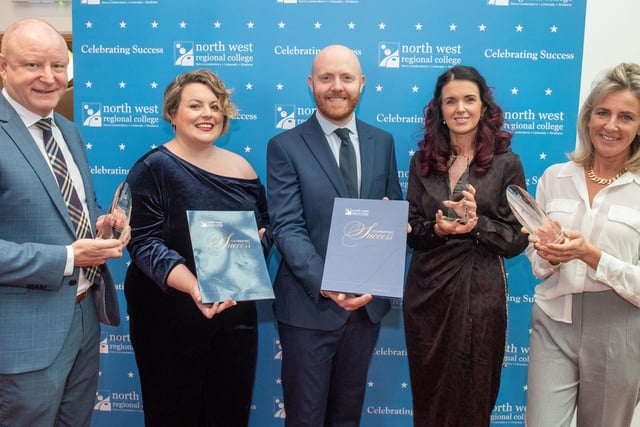 Business and Administration graduates Mairead Fox and Mary Ward, pictured with Barra Best, Gavin Killeen & Sarah Brett, Honorary Award winners,  at NWRC's Higher Education Graduation Ceremony. 