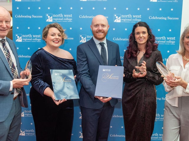 Business and Administration graduates Mairead Fox and Mary Ward, pictured with Barra Best, Gavin Killeen & Sarah Brett, Honorary Award winners, at NWRC's Higher Education Graduation Ceremony.