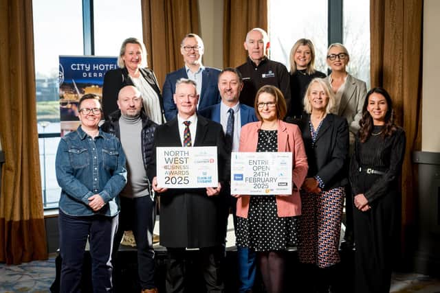 Sponsors and organisers launching the North West Business Awards 2025 at the City Hotel, Derry. Back Row (L-R): Andrena O'Prey (Derry Journal), Aidan O'Kane (Allstate NI), John Cartin (NWRC), Erin McFeely (Alchemy Technology Services), Jacqui Diamond (Derry Journal). Front Row (L-R): Lorraine Allen (City Centre Initiative), Michael Kelly (Strabane BID), Hugh Hegarty (City Centre Initiative), Steve Frazer (City of Derry Airport), Danielle Whoriskey (Bank of Ireland), Anna Doherty (Londonderry Chamber of Commerce), Danielle McNally (Derry City & Strabane District Council).