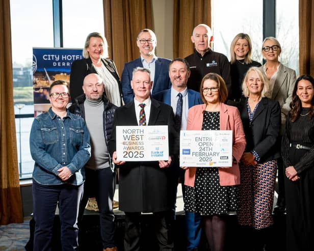 Sponsors and organisers launching the North West Business Awards 2025 at the City Hotel, Derry. Back Row (L-R): Andrena O'Prey (Derry Journal), Aidan O'Kane (Allstate NI), John Cartin (NWRC), Erin McFeely (Alchemy Technology Services), Jacqui Diamond (Derry Journal). Front Row (L-R): Lorraine Allen (City Centre Initiative), Michael Kelly (Strabane BID), Hugh Hegarty (City Centre Initiative), Steve Frazer (City of Derry Airport), Danielle Whoriskey (Bank of Ireland), Anna Doherty (Londonderry Chamber of Commerce), Danielle McNally (Derry City & Strabane District Council).