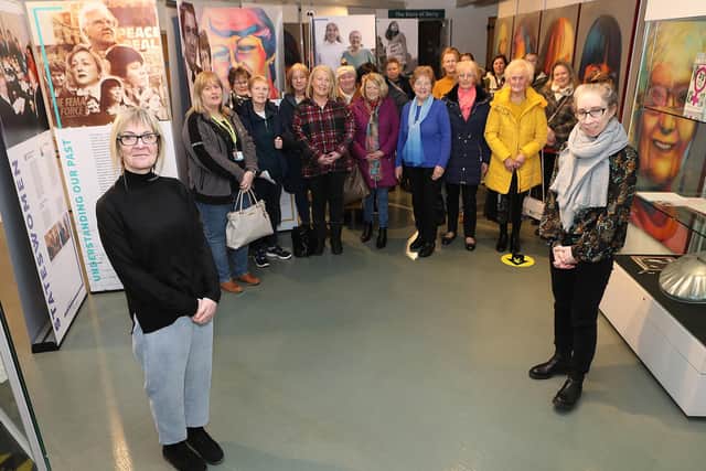 Amanda Biega, Good Relations officer, DCSDC, with Bernadette Walsh, Museum Curator, with a group on a tour of the ‘Peace Heroines Exhibition’  to mark Good Relations International Women’s Day, held in the Tower Museum. (Photo - Tom Heaney, nwpresspics)
