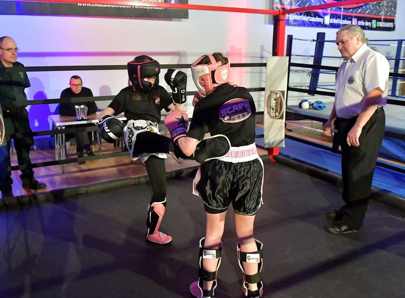 Niamh Thompson and Any Johnstone, Strike Martial Arts, compete in The Rising Stars event held in Shantallow Community Centre on Saturday. Photo: George Sweeney. DER2308GS – 153