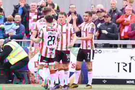Derry City players celebrate victory over Waterford at Brandywell.